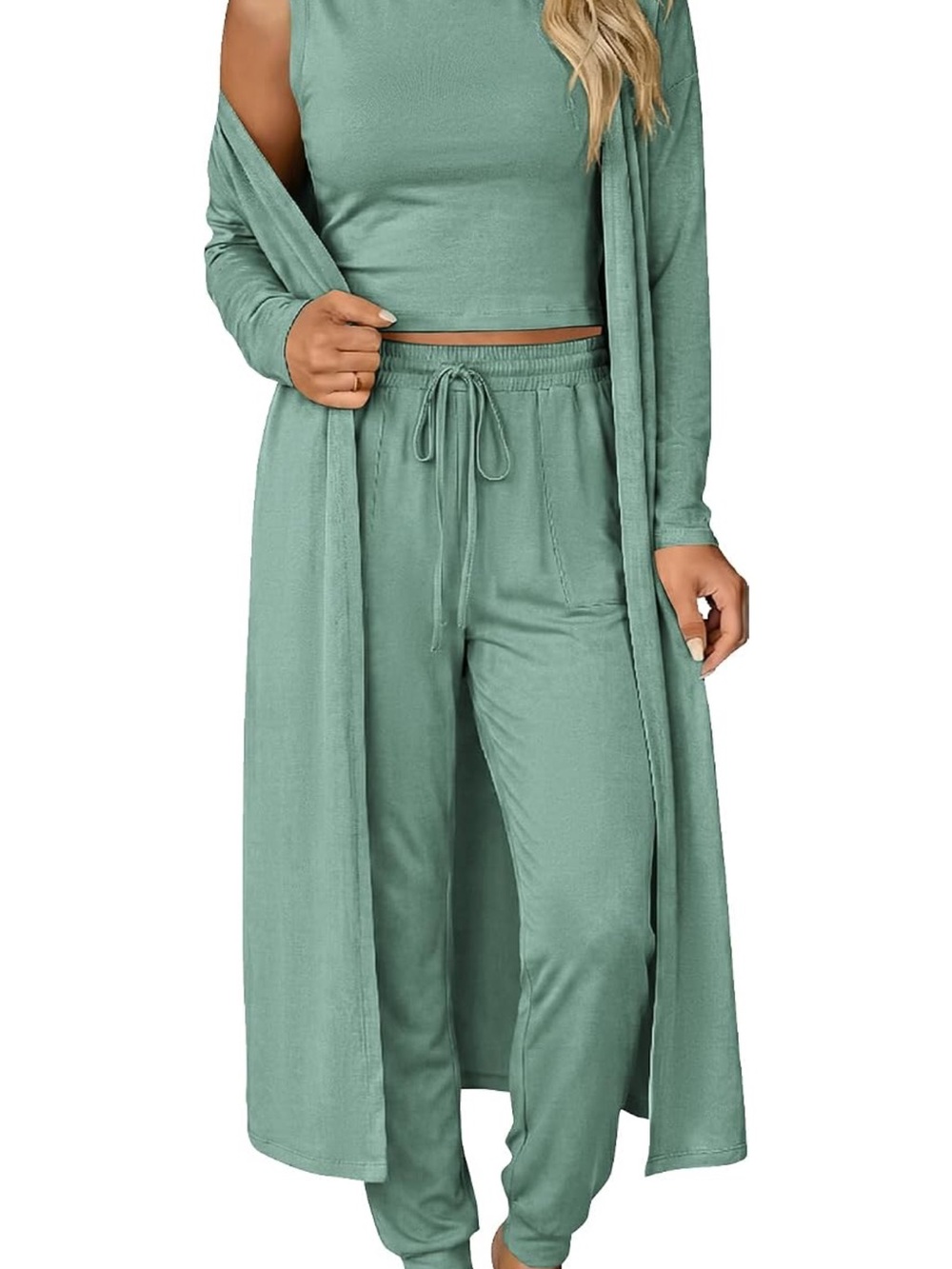 3-Piece Lounge Robe Set in Sage Green - Women's Cozy Loungewear NWOT